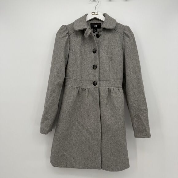 H&M Grey Wool Blend Button Front Peacoat Jacket Coat Size US 4 Preppy - Picture 1 of 11